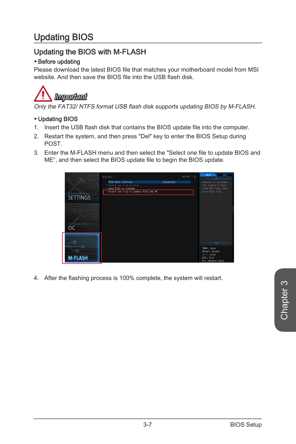 Updating bios -7, Updating the bios with m-flash -7, Chapter 3 | Updating bios, Updating the bios with m-flash, Important | MSI Z97-G55 SLI Manual User Manual | Page 63 / 104