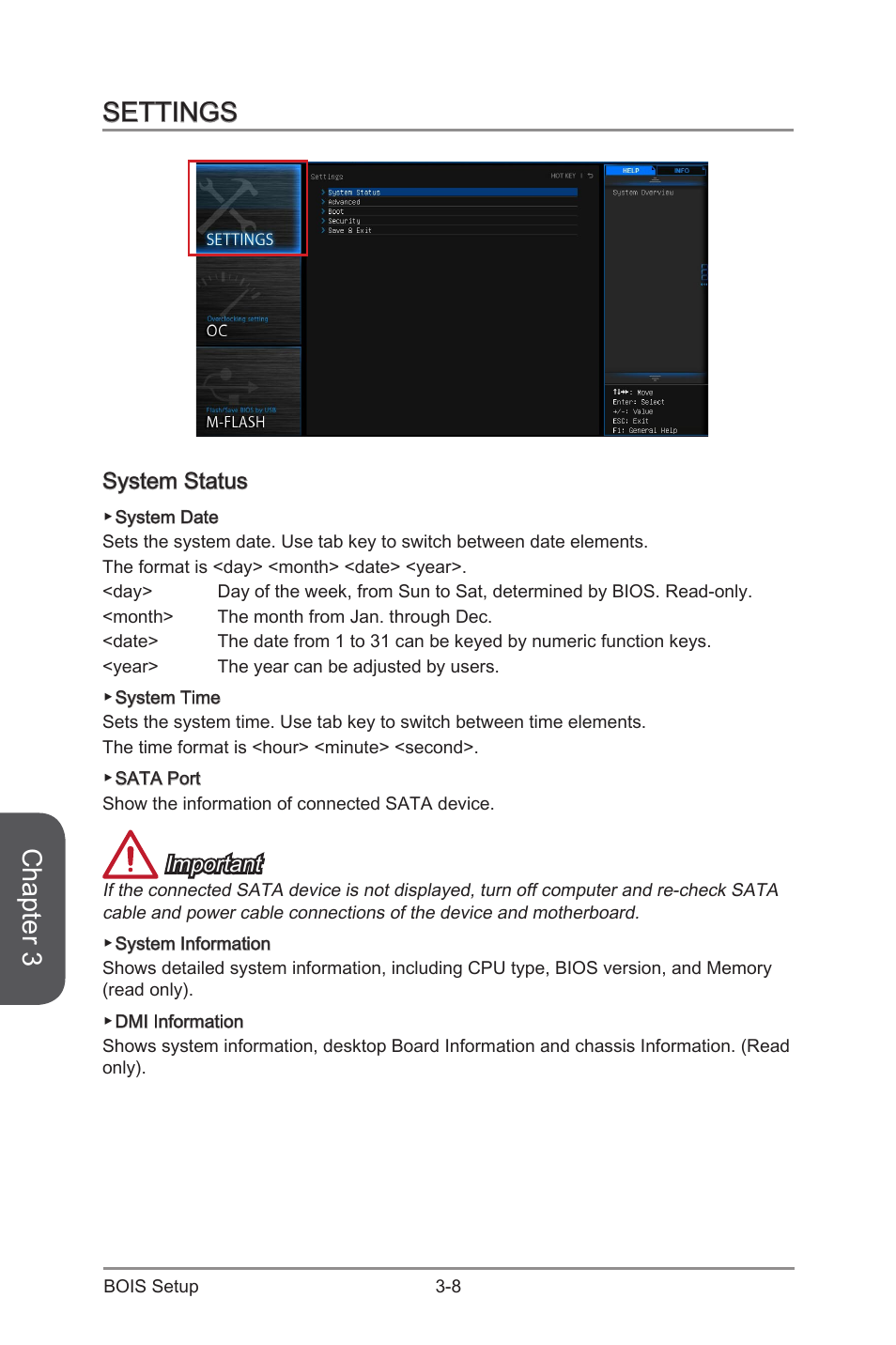 Settings -8, System status -8, Chapter 3 | Settings, System status, Important | MSI Z97-G55 SLI Manual User Manual | Page 64 / 104