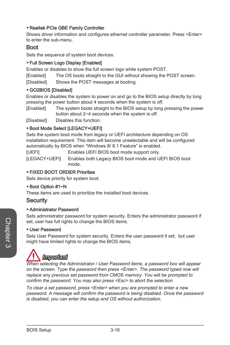 Boot -16 security -16, Chapter 3, Boot | Security, Important | MSI Z97-G55 SLI Manual User Manual | Page 72 / 104