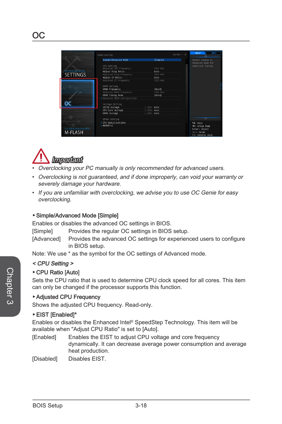 Oc -18, Chapter 3, Important | MSI Z97-G55 SLI Manual User Manual | Page 74 / 104
