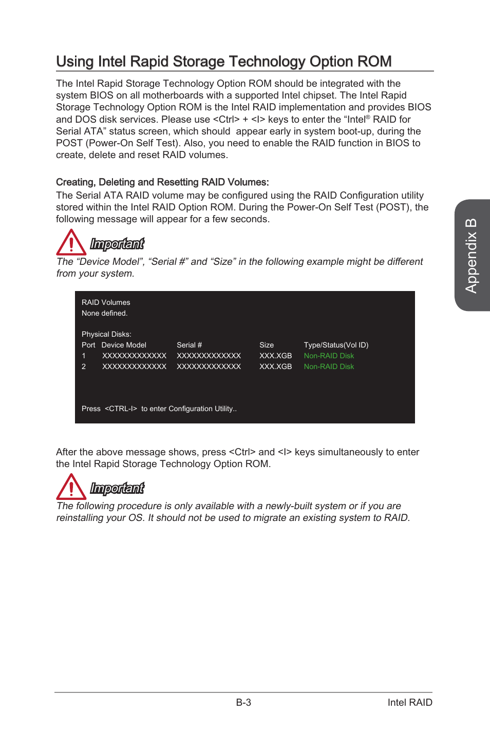 Appendix b, Using intel rapid storage technology option rom, Important | MSI Z97-G55 SLI Manual User Manual | Page 93 / 104