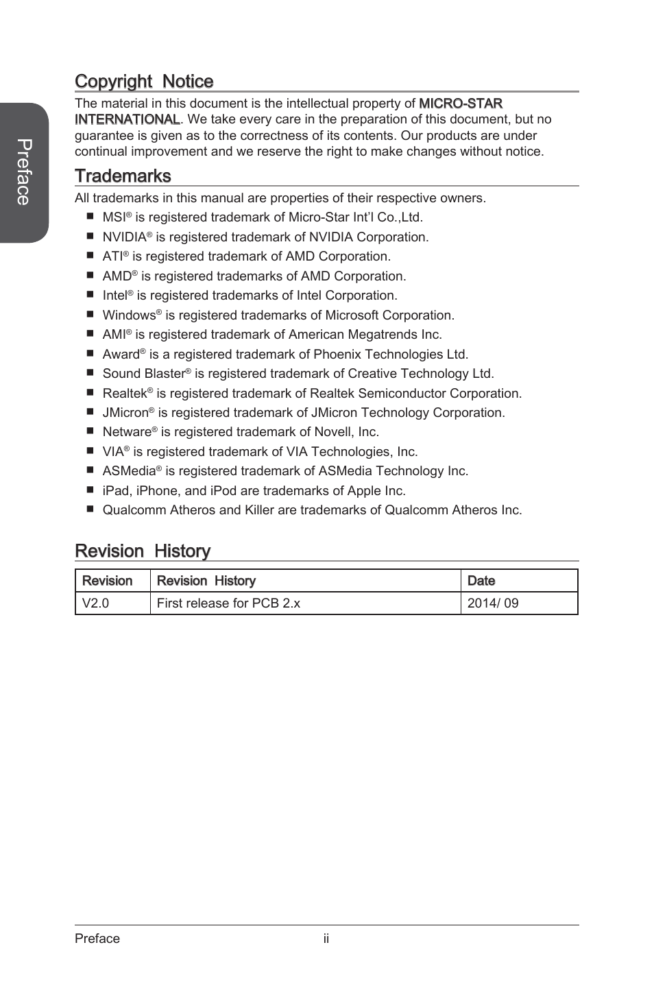 Preface, Copyright notice, Trademarks | Revision history | MSI Z97S SLI KRAIT EDITION Manual User Manual | Page 2 / 104