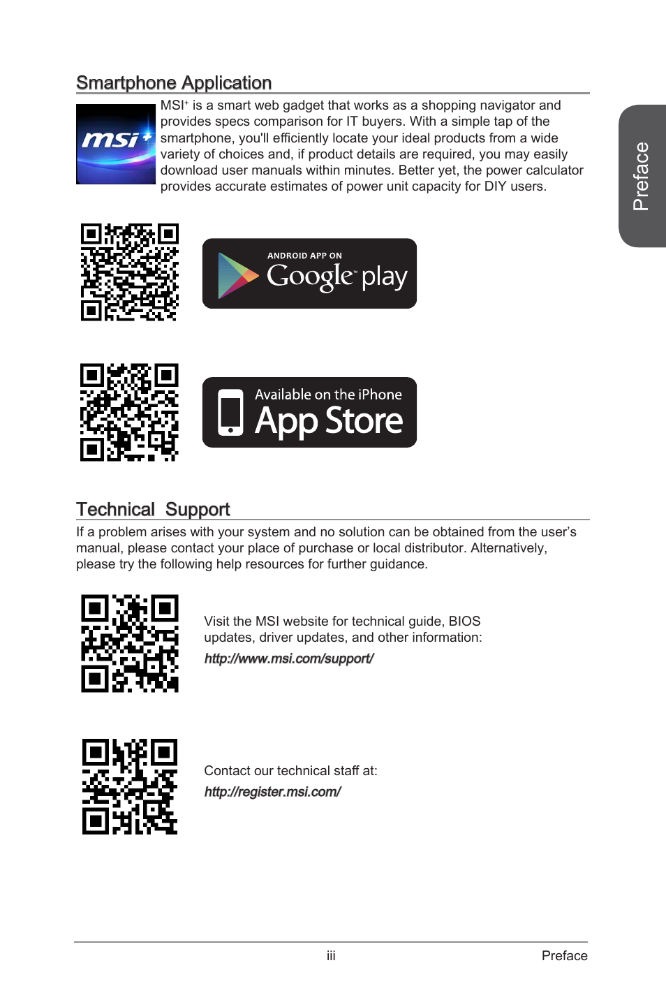 Preface, Smartphone application, Technical support | MSI Z97S SLI KRAIT EDITION Manual User Manual | Page 3 / 104