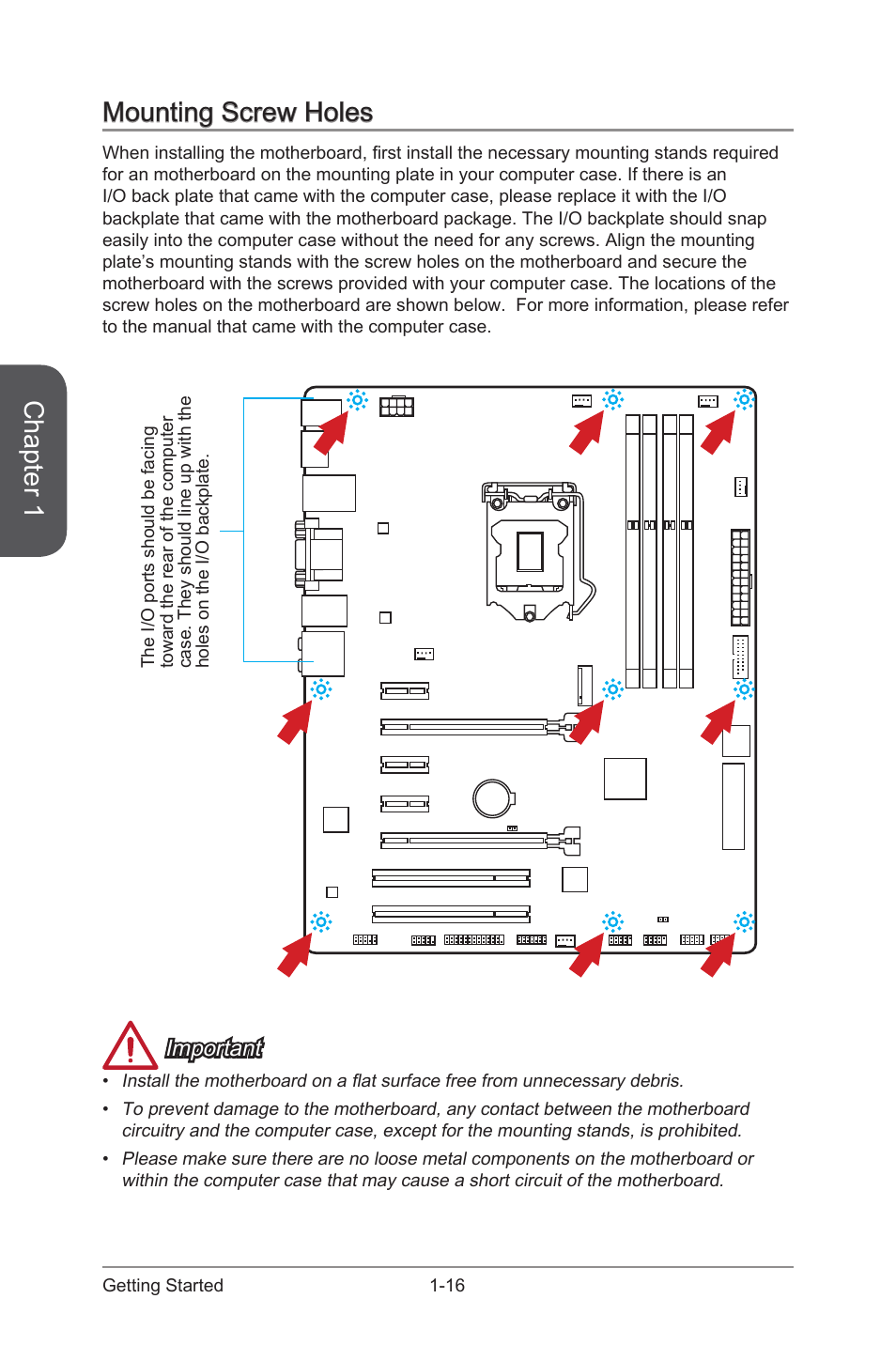 Mounting screw holes -16, Chapter 1, Mounting screw holes | Important | MSI Z97S SLI KRAIT EDITION Manual User Manual | Page 30 / 104
