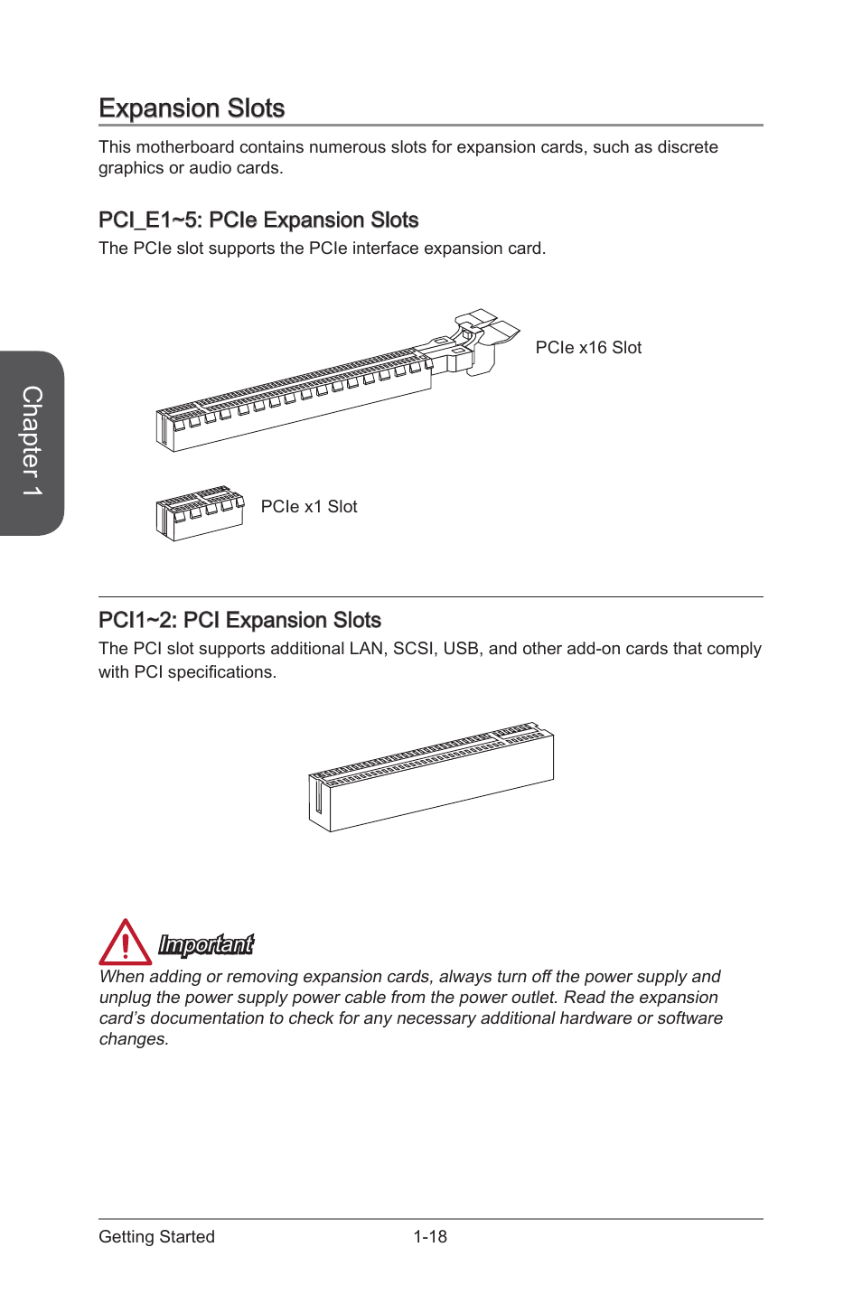 Pci1~2: pci expansion slots, Pci_e1~5: pcie expansion slots, Expansion slots -18 | Pci1~2, Pci expansion slots, Pci_e1~5, Pci express expansion slots, Chapter 1, Expansion slots | MSI Z97S SLI KRAIT EDITION Manual User Manual | Page 32 / 104