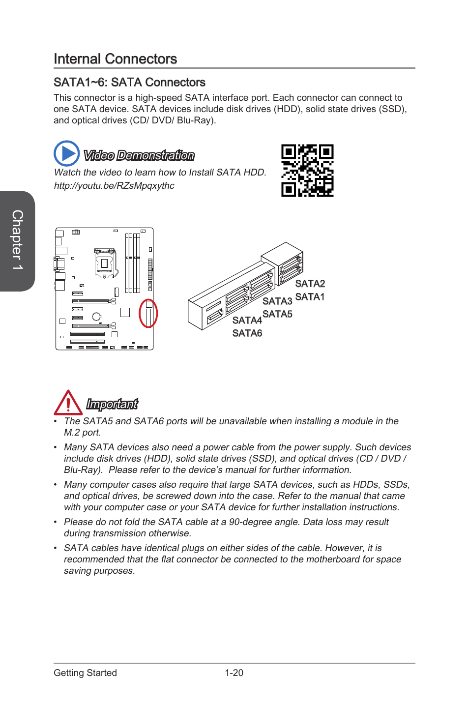 Sata1~6: sata connectors, Internal connectors -20, Sata1~6: sata connectors -20 | Sata1~6, Sata connectors, Chapter 1, Internal connectors, Video demonstration, Important | MSI Z97S SLI KRAIT EDITION Manual User Manual | Page 34 / 104