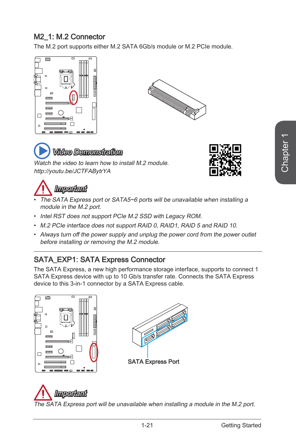 M2_1: m.2 connector, Sata_exp1: sata express connector, M2_1 | M.2 connector, Sata_exp1, Sata express connector, Chapter 1, Video demonstration, Important | MSI Z97S SLI KRAIT EDITION Manual User Manual | Page 35 / 104