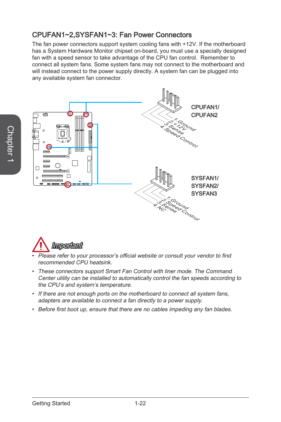 Cpufan1~2,sysfan1~3: fan power connectors, Cpufan1~2,sysfan1~3: fan power connectors -22, Cpufan1~2,sysfan1~3 fan power connectors | Chapter 1, Important | MSI Z97S SLI KRAIT EDITION Manual User Manual | Page 36 / 104