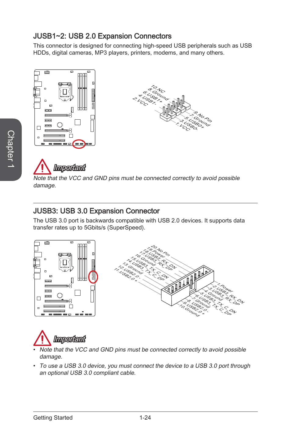 Jusb1~2: usb 2.0 expansion connectors, Jusb3: usb 3.0 expansion connectors, Jusb1~2 | Usb 2.0 expansion connectors, Jusb3, Usb 3.0 expansion connector, Chapter 1, Important, Jusb3: usb 3.0 expansion connector, 24 getting started | MSI Z97S SLI KRAIT EDITION Manual User Manual | Page 38 / 104