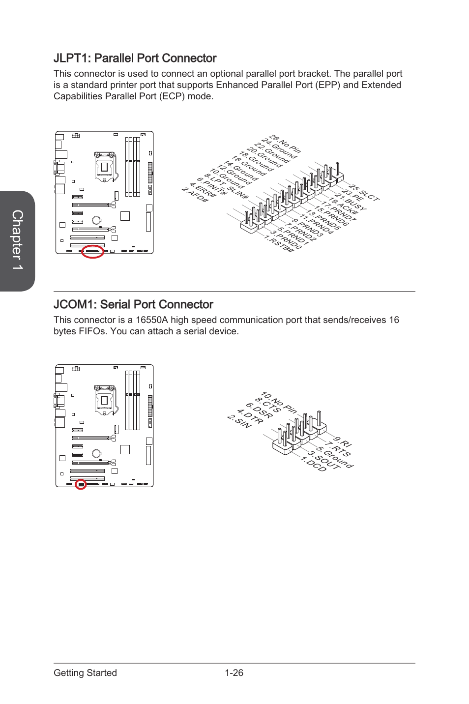 Jcom1: serial port connector, Jlpt1: parallel port connector, Jcom1 | Serial port connector, Jlpt1, Parallel port connector, Chapter 1, 26 getting started | MSI Z97S SLI KRAIT EDITION Manual User Manual | Page 40 / 104