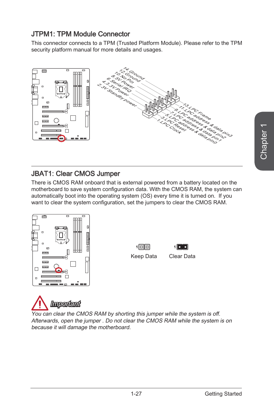 Jbat1: clear cmos jumper, Jtpm1: tpm module connector, Jbat1 | Clear cmos jumper, Jtpm1, Tpm module connector, Chapter 1, Important | MSI Z97S SLI KRAIT EDITION Manual User Manual | Page 41 / 104