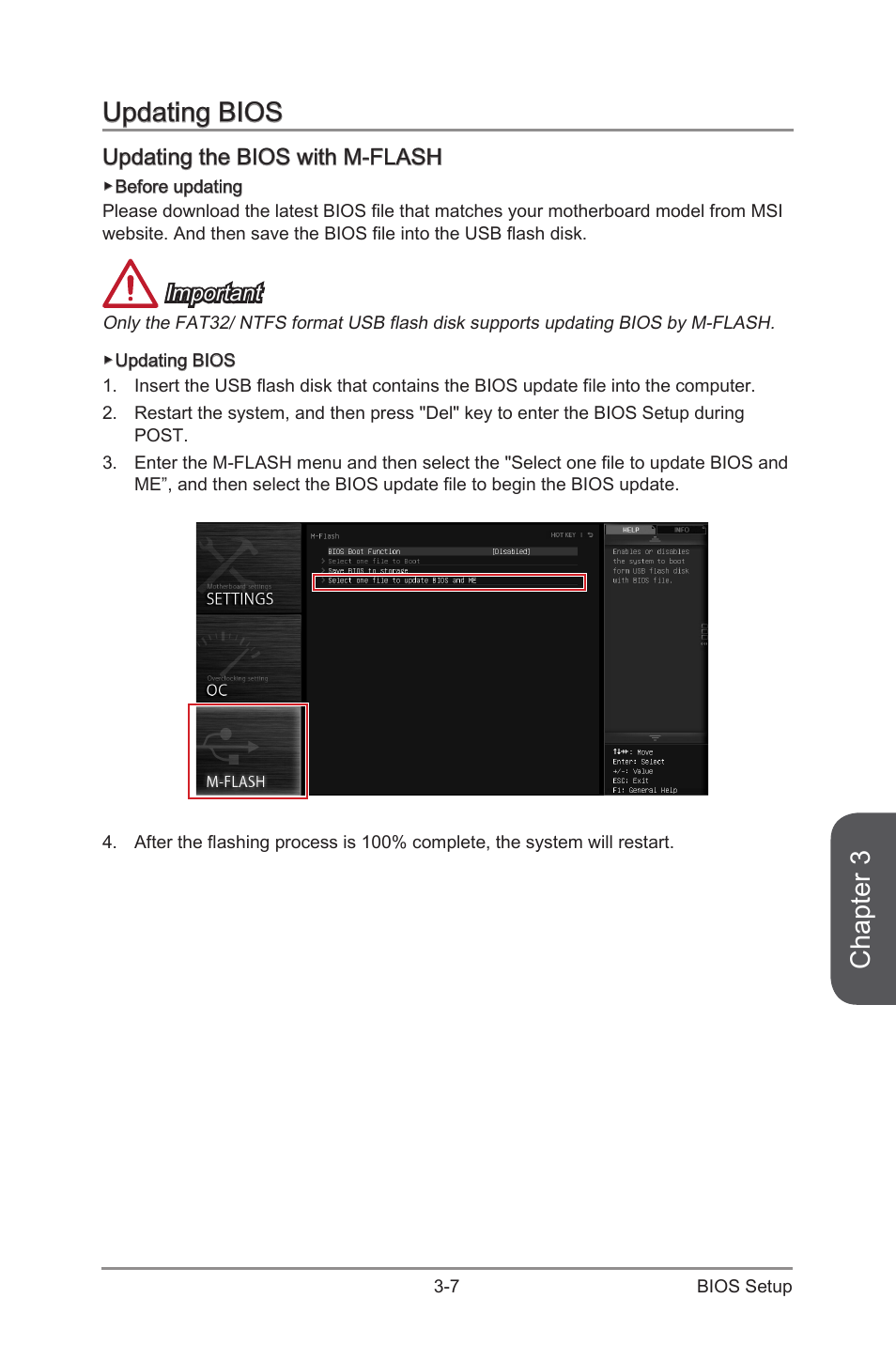 Updating bios -7, Updating the bios with m-flash -7, Chapter 3 | Updating bios, Updating the bios with m-flash, Important | MSI Z97S SLI KRAIT EDITION Manual User Manual | Page 63 / 104