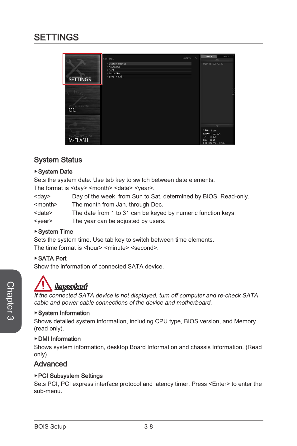 Settings -8, System status -8 advanced -8, Chapter 3 | Settings, System status, Important, Advanced | MSI Z97S SLI KRAIT EDITION Manual User Manual | Page 64 / 104