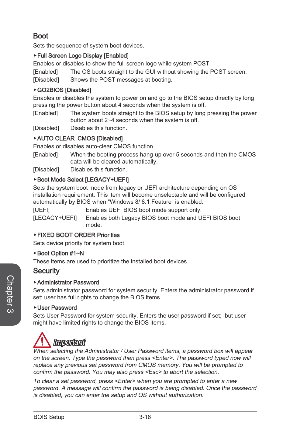 Boot -16 security -16, Chapter 3, Boot | Security, Important | MSI Z97S SLI KRAIT EDITION Manual User Manual | Page 72 / 104