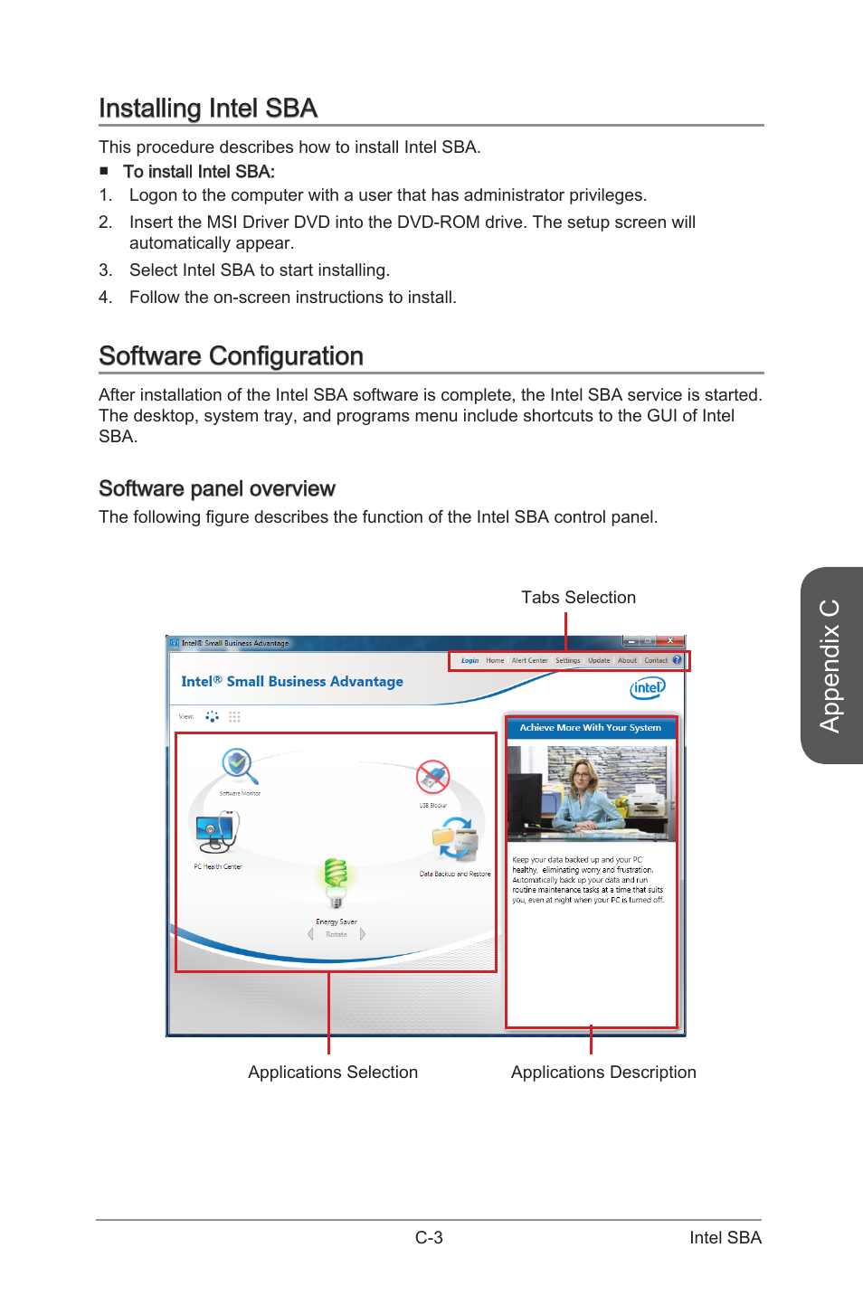 Appendix c, Installing intel sba, Software configuration | MSI Z97 U3 PLUS Manual User Manual | Page 107 / 108