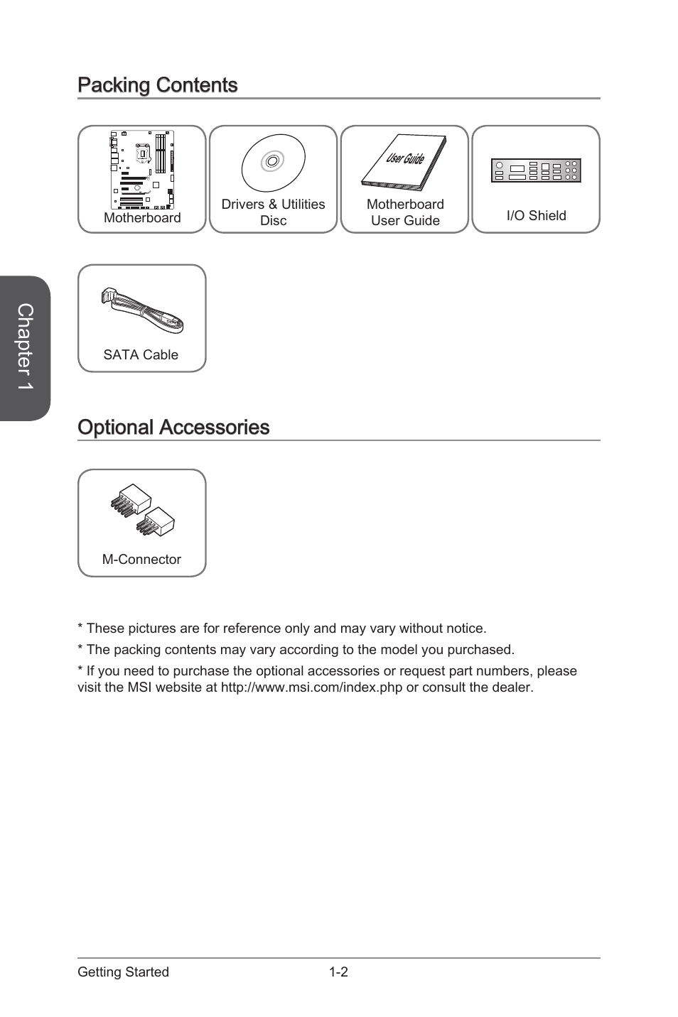 Packing contents -2 optional accessories -2, Chapter 1, Packing contents | Optional accessories | MSI Z97 U3 PLUS Manual User Manual | Page 16 / 108