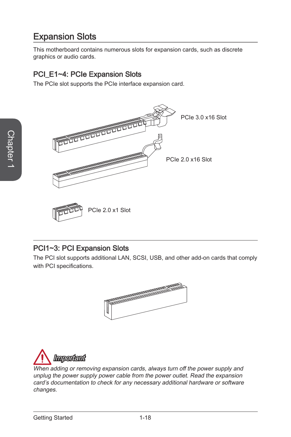 Expansion slots -18, Pci_e1~4, Pcie expansion slots | Pci1~3, Pci expansion slots, Chapter 1, Expansion slots | MSI Z97 U3 PLUS Manual User Manual | Page 32 / 108