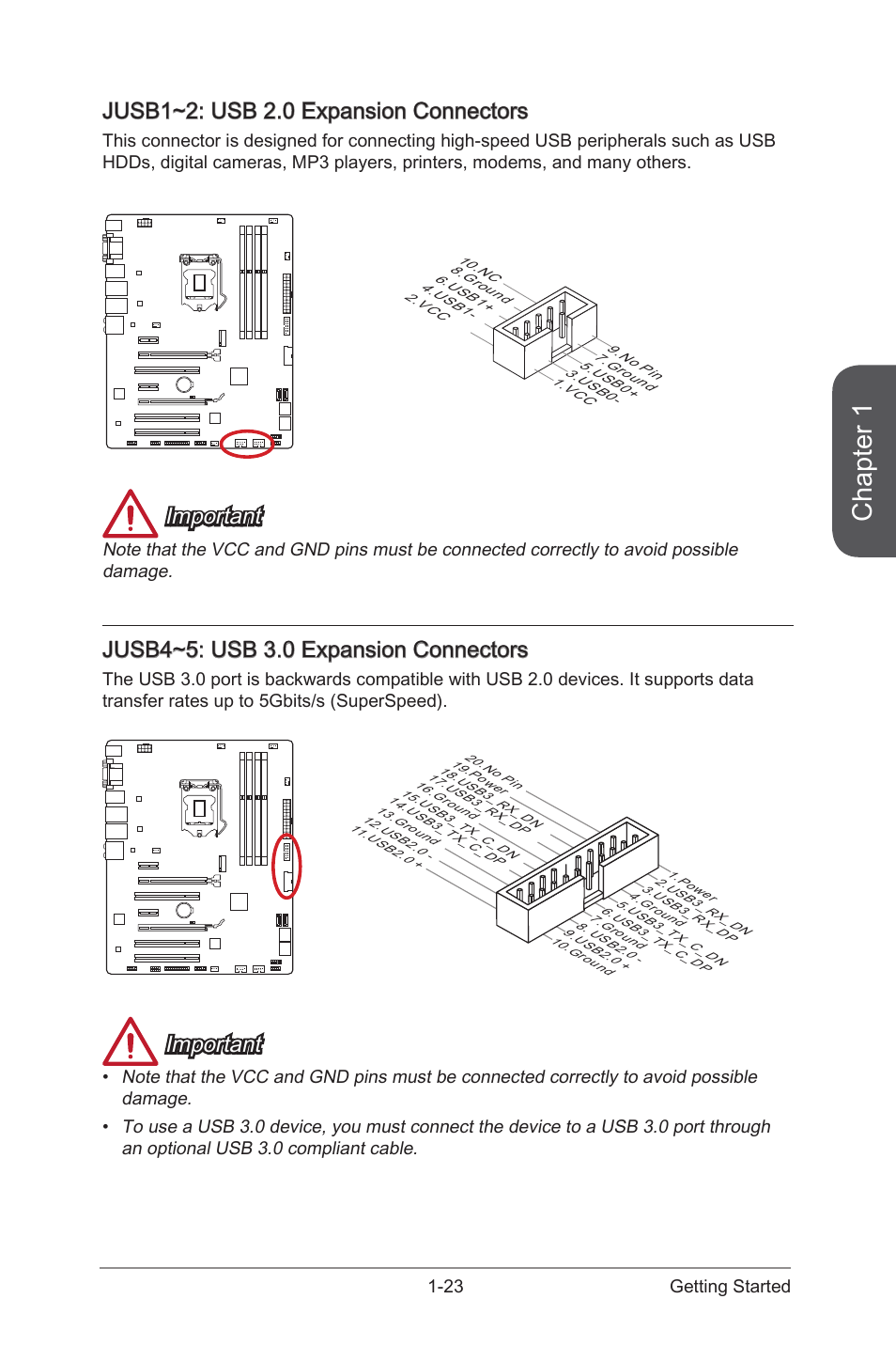 Jusb1~2, Usb 2.0 expansion connectors, Jusb4~5 | Usb 3.0 expansion connectors, Chapter 1, Jusb1~2: usb 2.0 expansion connectors, Important, Jusb4~5: usb 3.0 expansion connectors, 23 getting started | MSI Z97 U3 PLUS Manual User Manual | Page 37 / 108