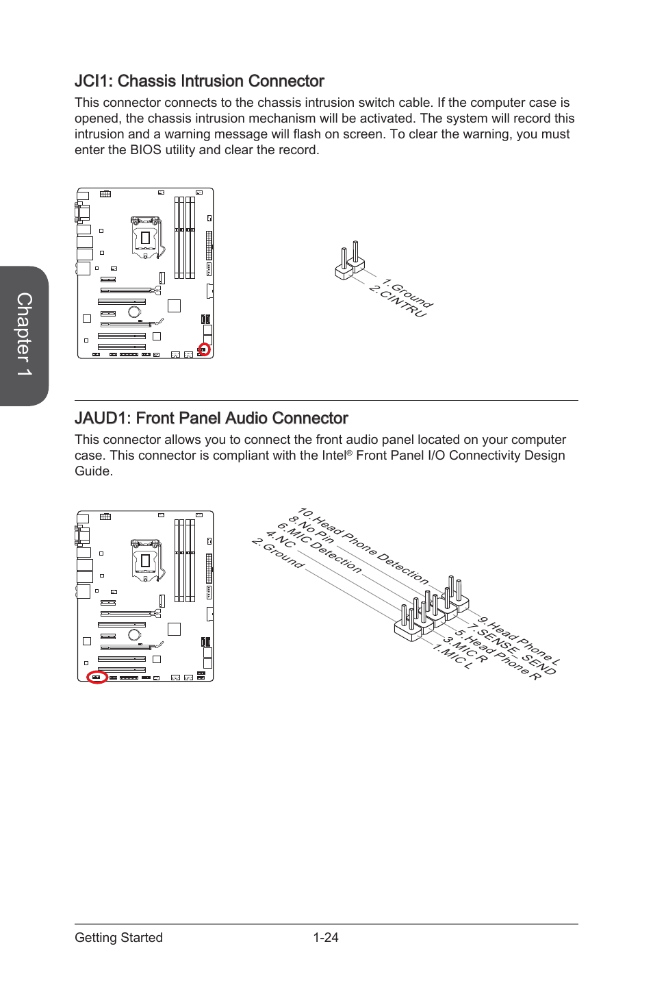 Jaud1, Front panel audio connector, Jci1 | Chassis intrusion connector, Chapter 1, Jci1: chassis intrusion connector, Jaud1: front panel audio connector | MSI Z97 U3 PLUS Manual User Manual | Page 38 / 108