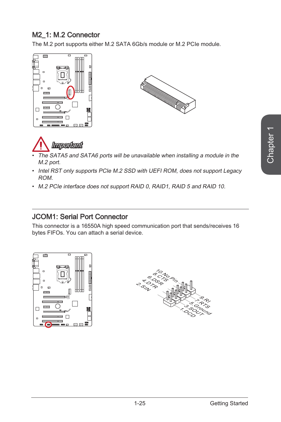 Jcom1, Serial port connector, M2_1 | M.2 connector, Chapter 1, M2_1: m.2 connector, Important, Jcom1: serial port connector | MSI Z97 U3 PLUS Manual User Manual | Page 39 / 108