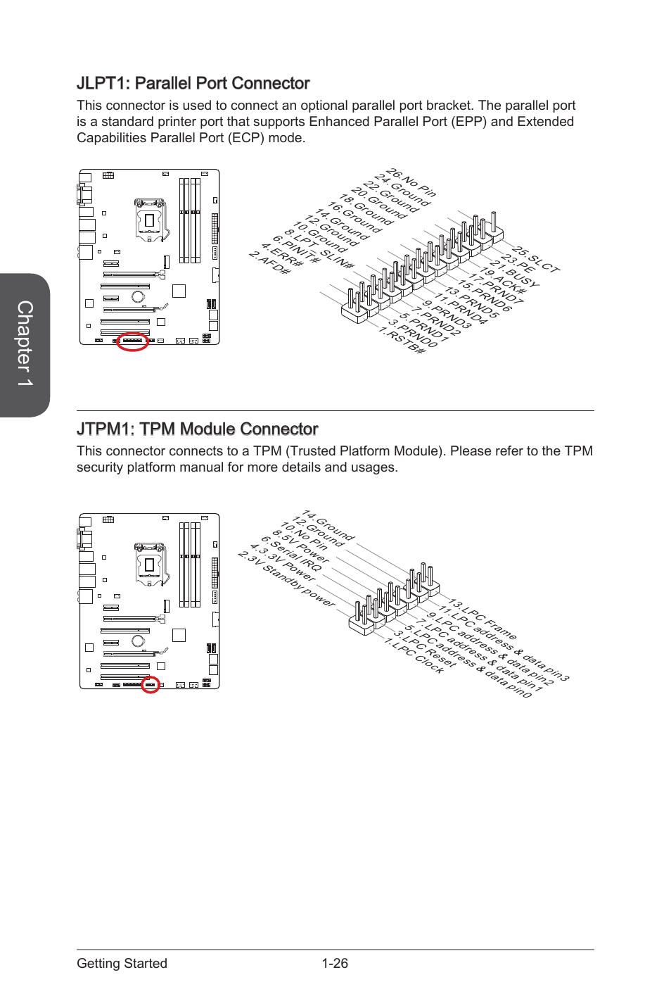 Jlpt1, Parallel port connector, Jtpm1 | Tpm module connector, Chapter 1, Jlpt1: parallel port connector, Jtpm1: tpm module connector | MSI Z97 U3 PLUS Manual User Manual | Page 40 / 108