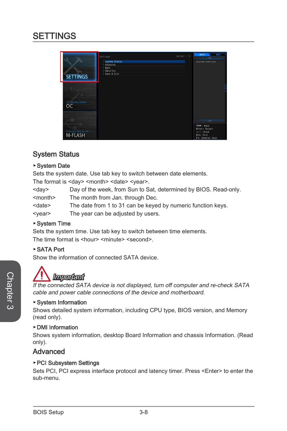 Settings -8, System status -8 advanced -8, Chapter 3 | Settings, System status, Important, Advanced | MSI Z97 U3 PLUS Manual User Manual | Page 64 / 108