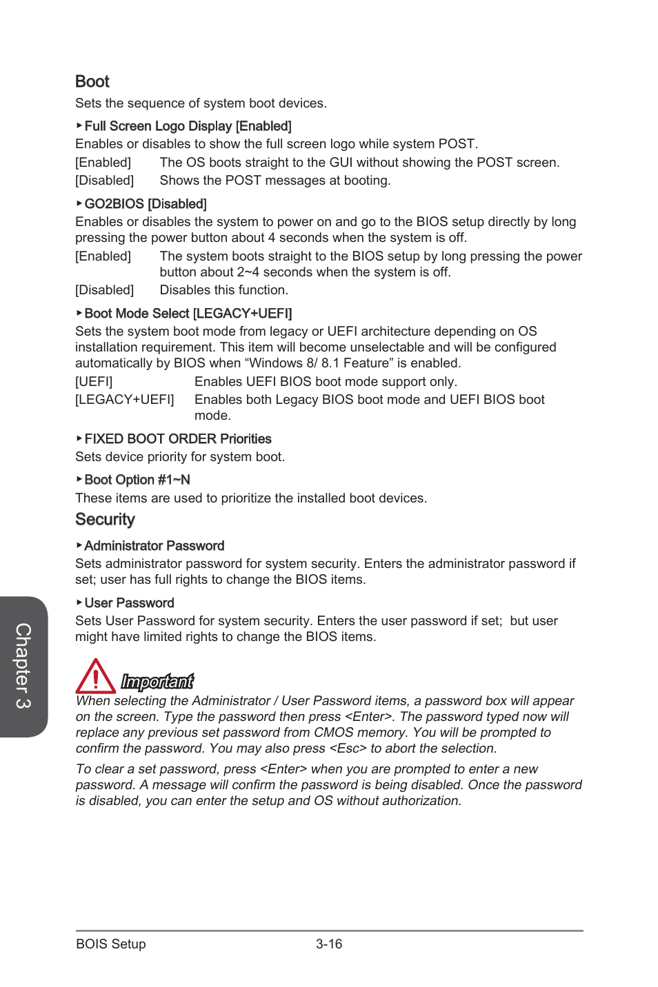 Boot -16 security -16, Chapter 3, Boot | Security, Important | MSI Z97 U3 PLUS Manual User Manual | Page 72 / 108