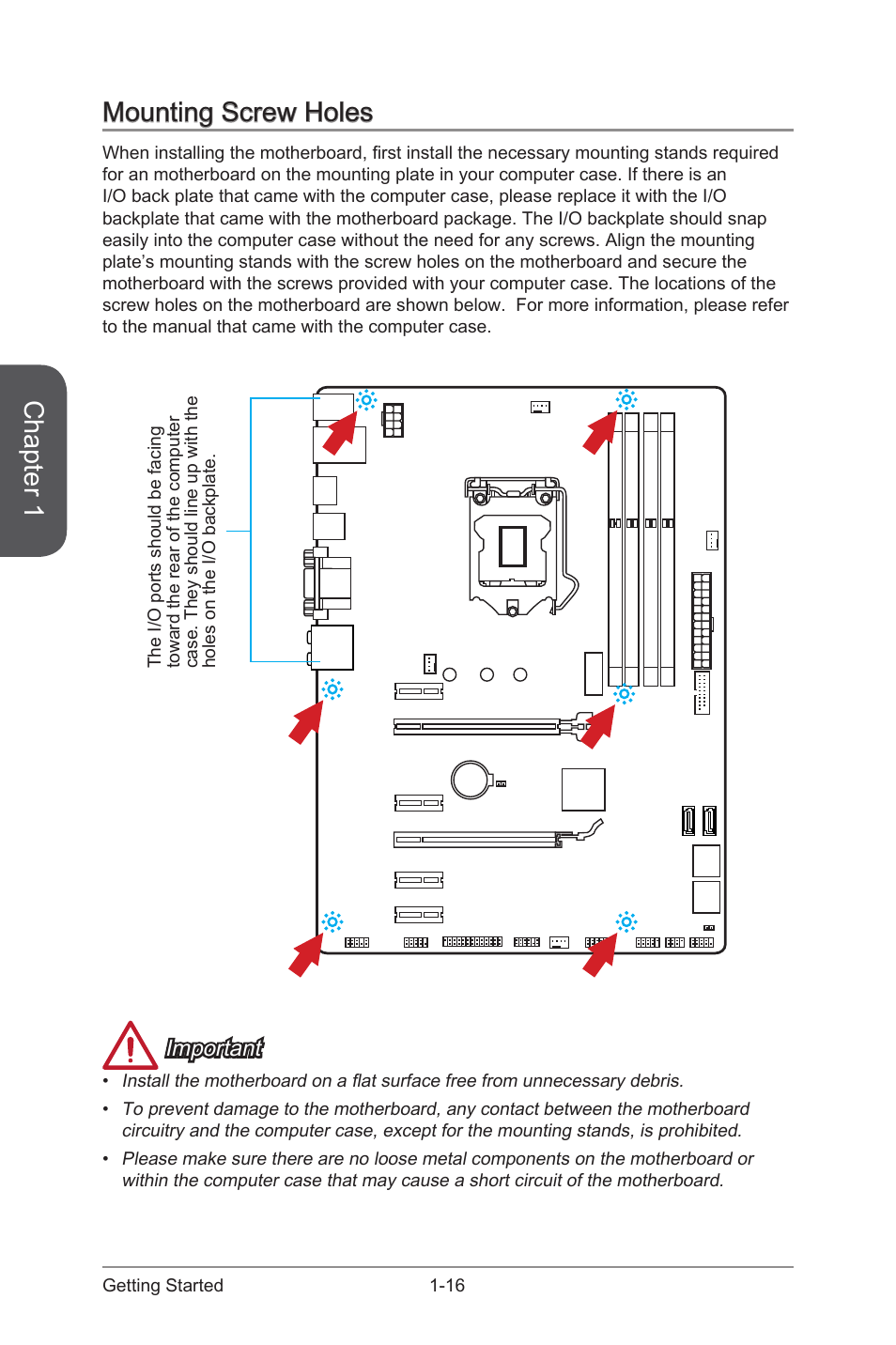 Mounting screw holes -16, Chapter 1, Mounting screw holes | Important | MSI H97 PC Mate User Manual | Page 30 / 108