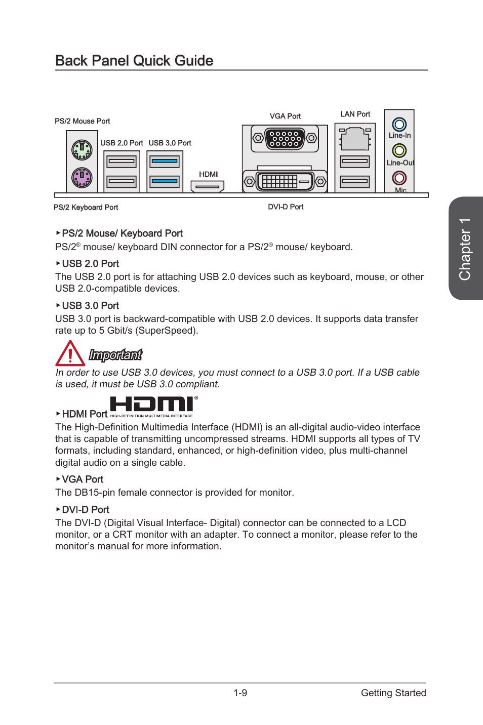 Back panel quick guide -9, Chapter 1, Back panel quick guide | Important | MSI Z97 PC MATE User Manual | Page 23 / 102