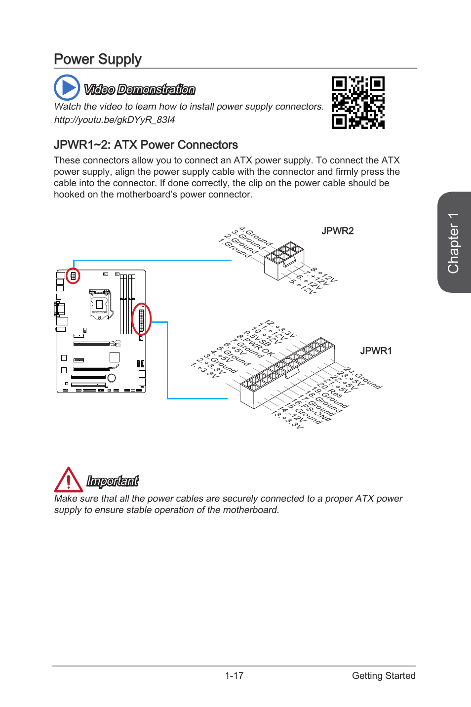 Power supply -17, Jpwr1~2: atx power connectors -17, Jpwr1~2 | Atx power connectors, Chapter 1, Power supply, Video demonstration, Jpwr1~2: atx power connectors, Important | MSI Z97 PC MATE User Manual | Page 31 / 102