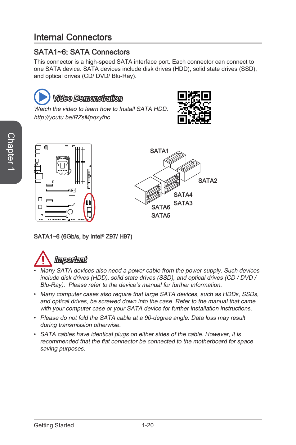 Internal connectors -20, Sata1~6: sata connectors -20, Sata1~6 | Sata connectors, Chapter 1, Internal connectors, Sata1~6: sata connectors, Video demonstration, Important | MSI Z97 PC MATE User Manual | Page 34 / 102