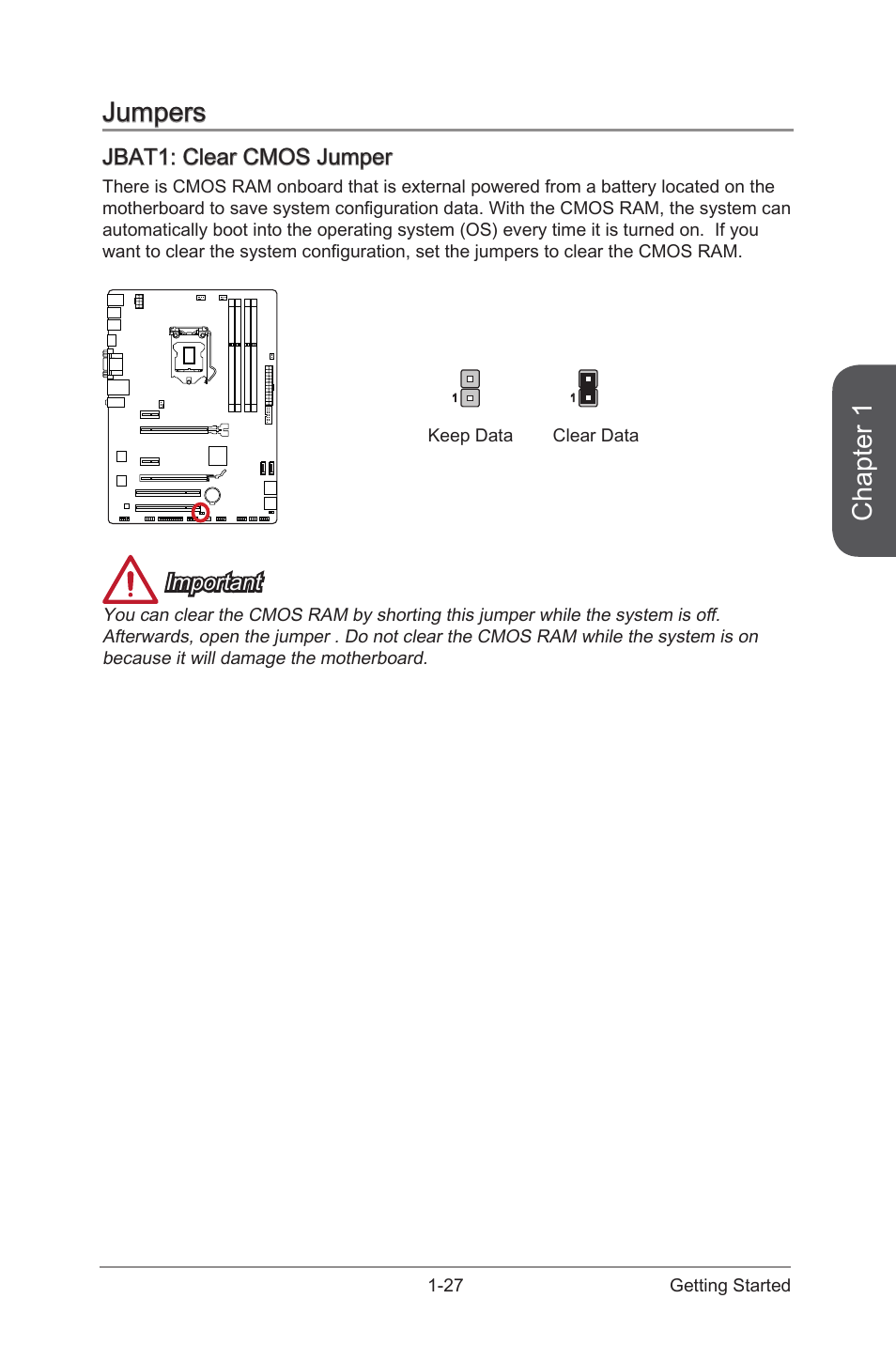Jumpers -27, Jbat1: clear cmos jumper -27, Jbat1 | Clear cmos jumper, Chapter 1, Jumpers, Jbat1: clear cmos jumper, Important | MSI Z97 PC MATE User Manual | Page 41 / 102