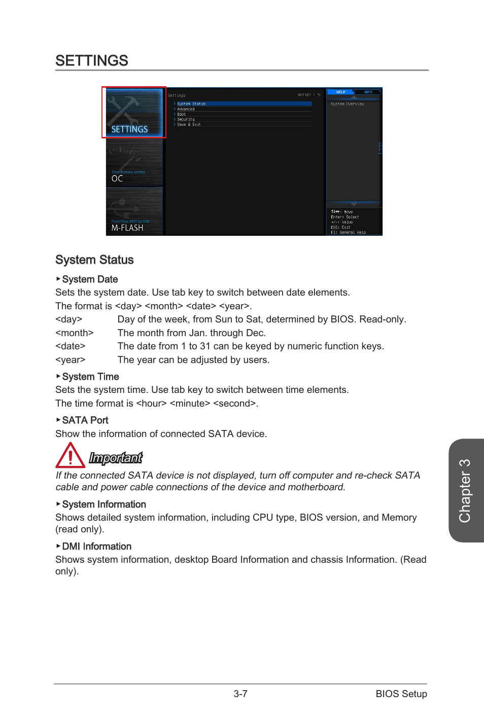 Settings -7, System status -7, Chapter 3 | Settings, System status, Important | MSI Z97 PC MATE User Manual | Page 63 / 102