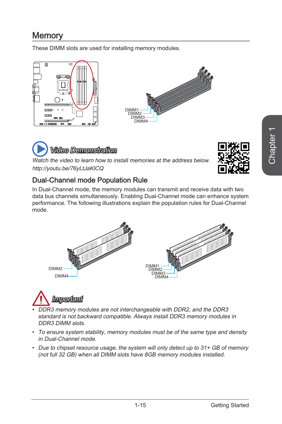 Memory -15, Dual-channel mode population rule -15, Chapter 1 | Video demonstration, Dual-channel mode population rule, Important | MSI H97M-G43 User Manual | Page 29 / 108