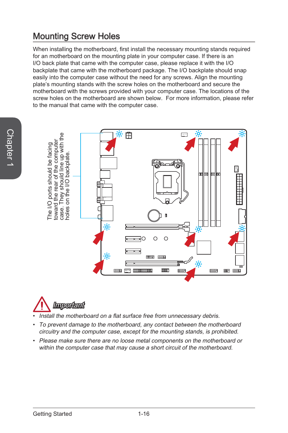 Mounting screw holes -16, Chapter 1, Mounting screw holes | Important | MSI H97M-G43 User Manual | Page 30 / 108