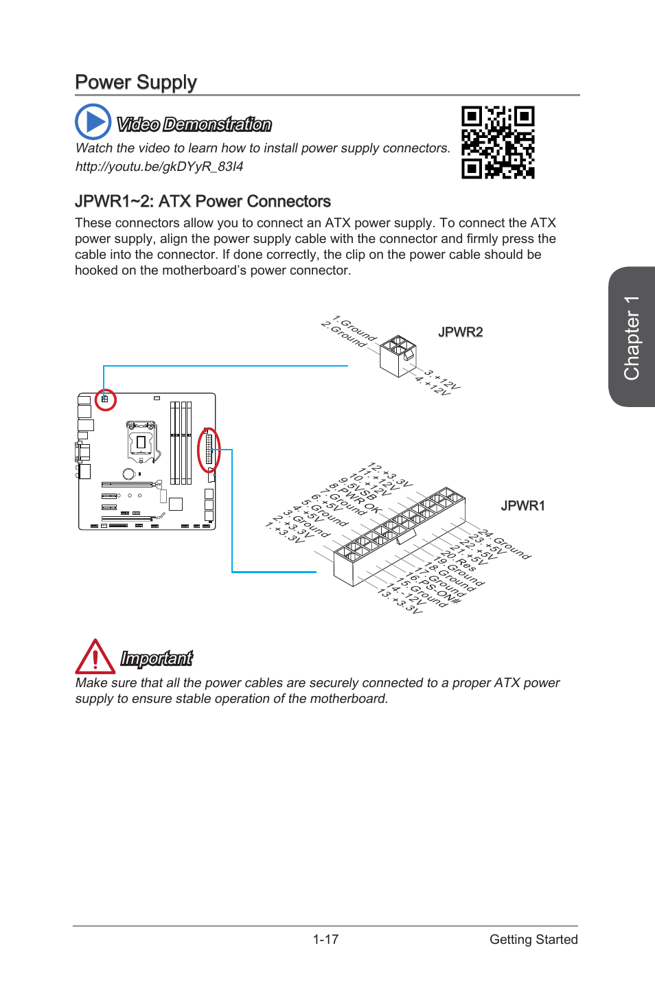 Power supply -17, Jpwr1~2: atx power connectors -17, Jpwr1~2 | Atx power connectors, Chapter 1, Power supply, Video demonstration, Jpwr1~2: atx power connectors, Important | MSI H97M-G43 User Manual | Page 31 / 108