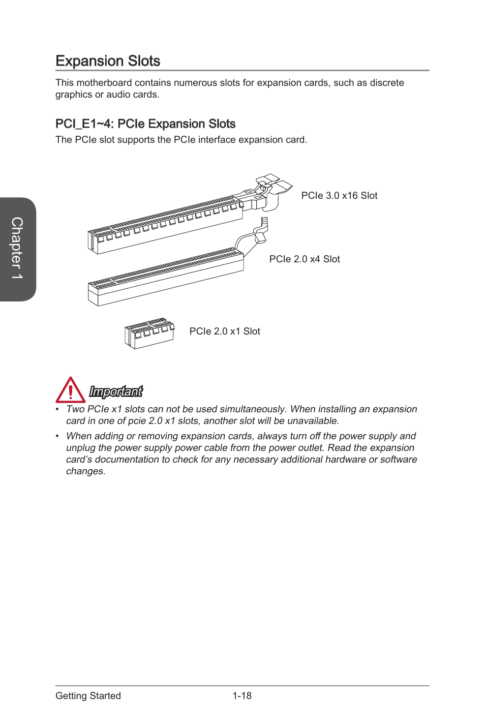 Expansion slots -18, Pci_e1~4: pcie expansion slots -18, Pci_e1~4 | Pcie expansion slots, Chapter 1, Expansion slots, Pci_e1~4: pcie expansion slots, Important | MSI H97M-G43 User Manual | Page 32 / 108