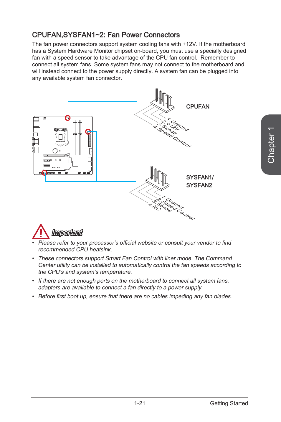 Cpufan,sysfan1~2: fan power connectors -21, Cpufan,sysfan1~2, Fan power connectors | Chapter 1, Cpufan,sysfan1~2: fan power connectors, Important | MSI H97M-G43 User Manual | Page 35 / 108