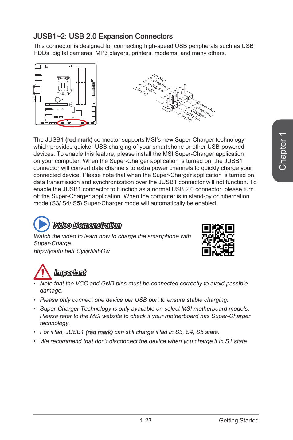 Jusb1~2: usb 2.0 expansion connectors -23, Jusb1~2, Usb 2.0 expansion connectors | Chapter 1, Jusb1~2: usb 2.0 expansion connectors, Video demonstration, Important | MSI H97M-G43 User Manual | Page 37 / 108