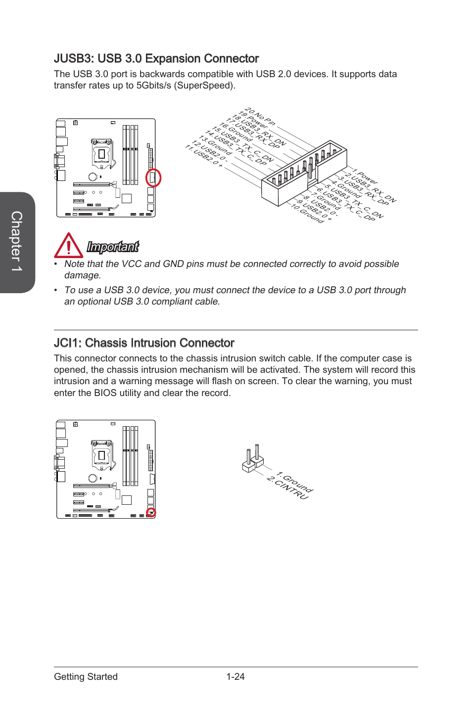 Jci1, Chassis intrusion connector, Jusb3 | Usb 3.0 expansion connector, Chapter 1, Jusb3: usb 3.0 expansion connector, Important, Jci1: chassis intrusion connector, 24 getting started | MSI H97M-G43 User Manual | Page 38 / 108