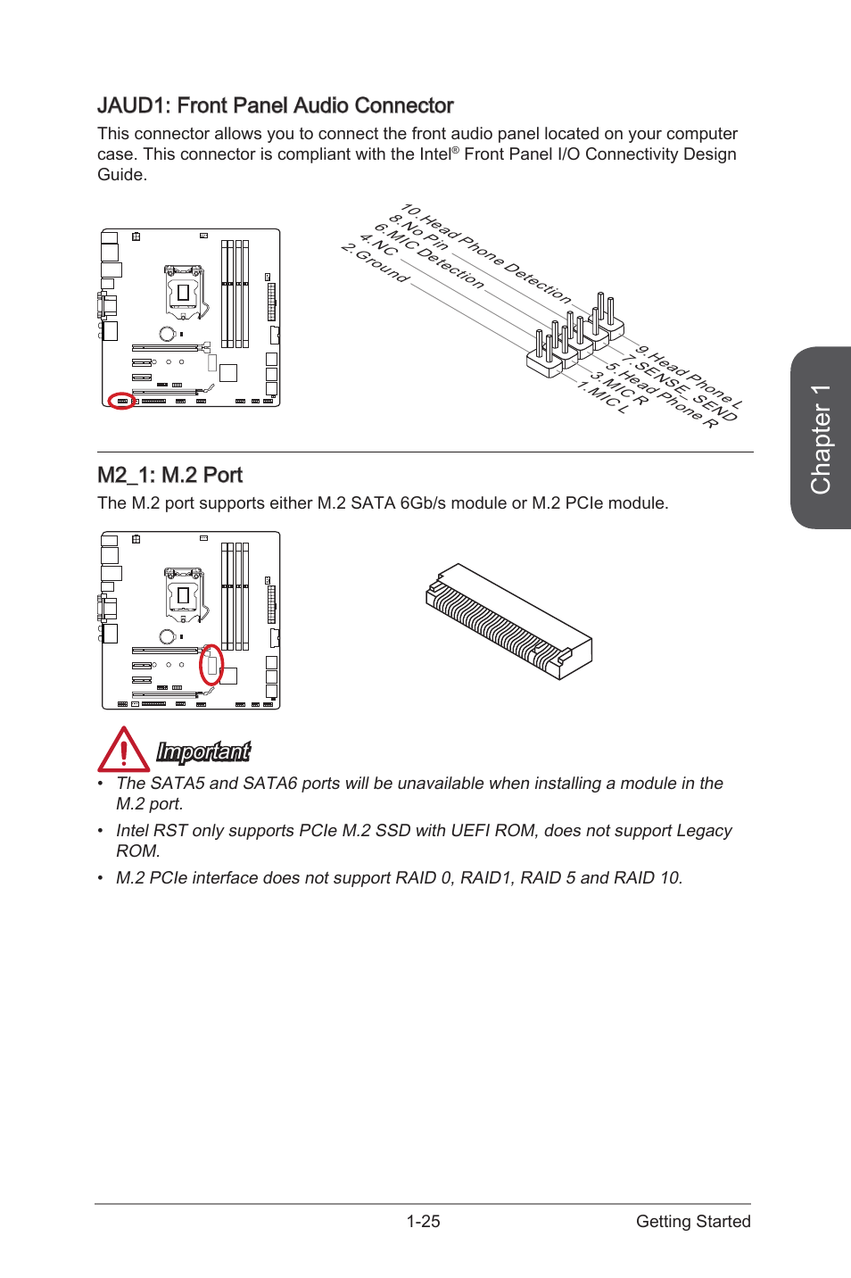 Jaud1, Front panel audio connector, M2_1 | M.2 port, Chapter 1, Jaud1: front panel audio connector, M2_1: m.2 port, Important | MSI H97M-G43 User Manual | Page 39 / 108
