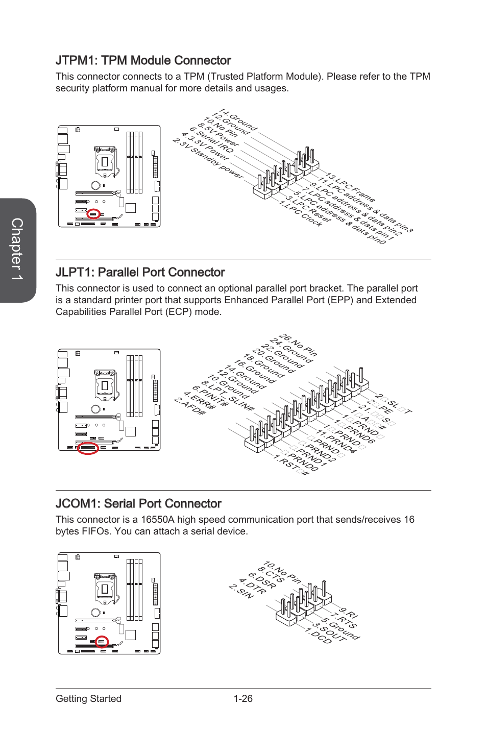 Jcom1, Serial port connector, Jlpt1 | Parallel port connector, Jtpm1, Tpm module connector, Chapter 1, Jtpm1: tpm module connector, Jlpt1: parallel port connector, Jcom1: serial port connector | MSI H97M-G43 User Manual | Page 40 / 108