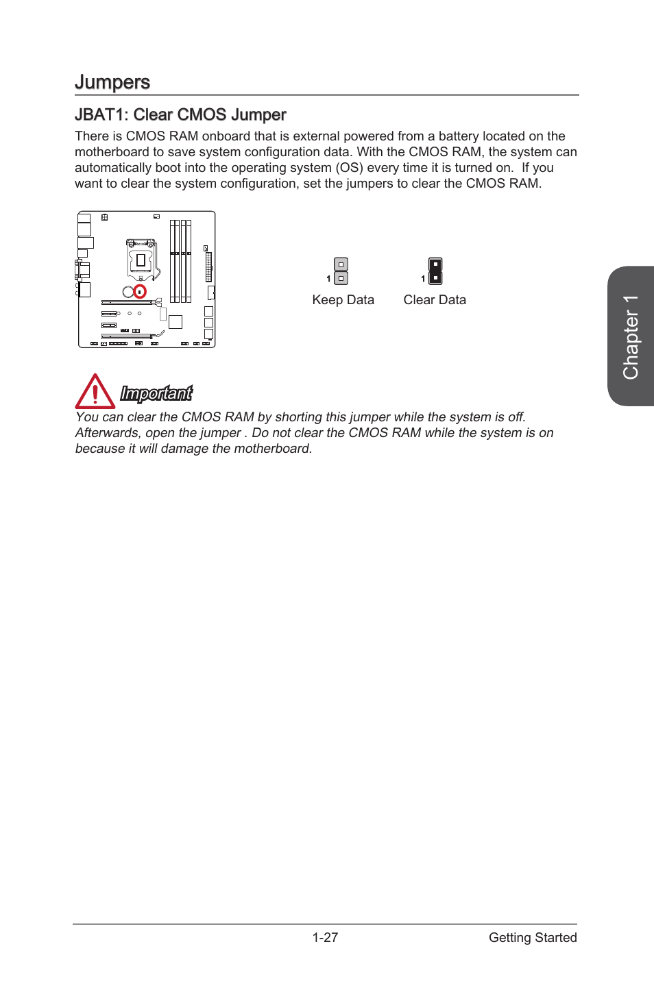 Jumpers -27, Jbat1: clear cmos jumper -27, Jbat1 | Clear cmos jumper, Chapter 1, Jumpers, Jbat1: clear cmos jumper, Important | MSI H97M-G43 User Manual | Page 41 / 108