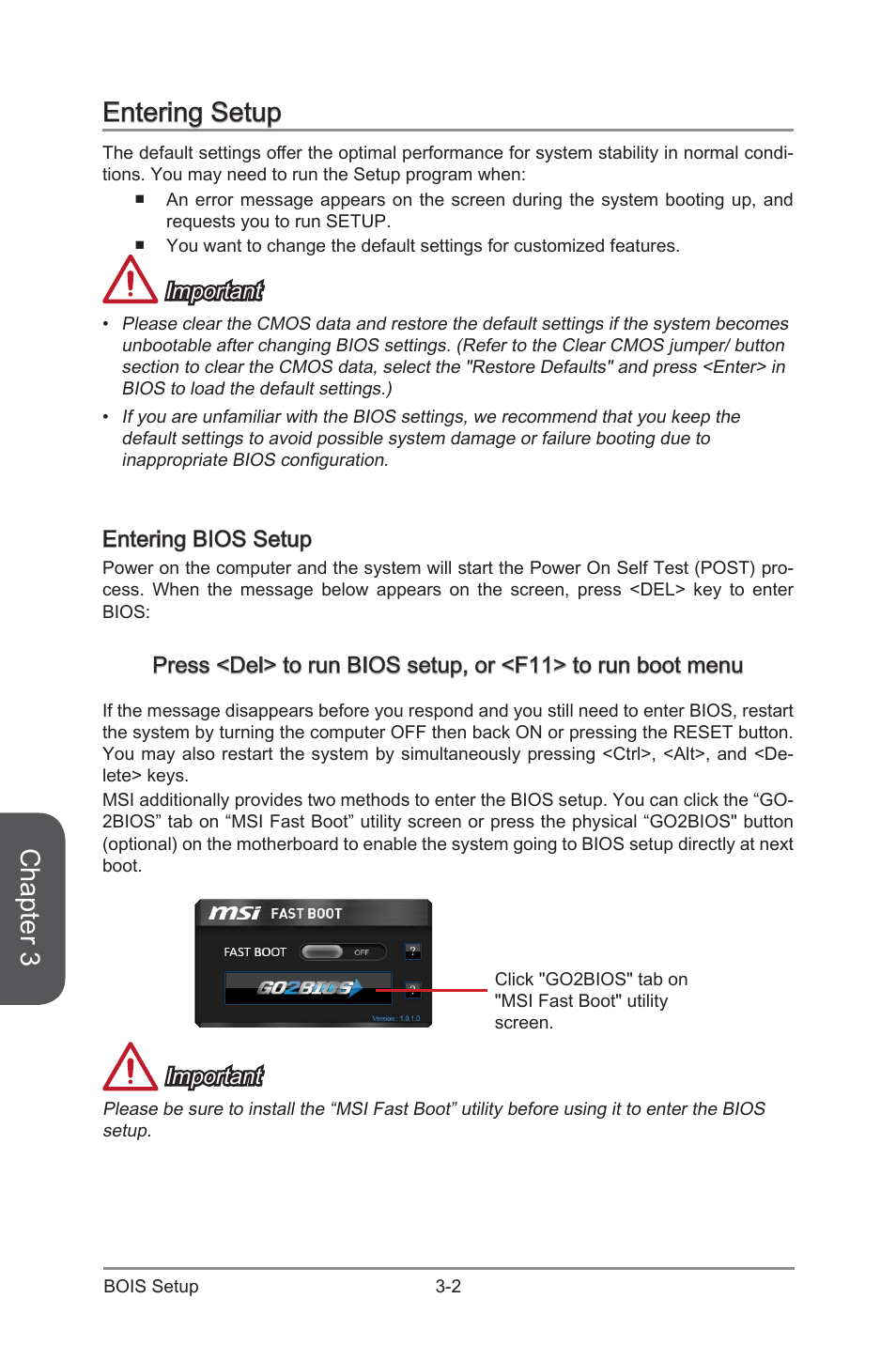 Chapter 3, Entering setup, Important | Entering bios setup | MSI H97M-G43 User Manual | Page 60 / 108