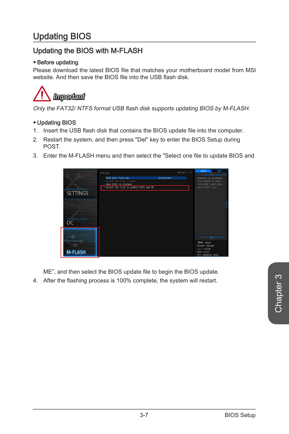 Chapter 3, Updating bios, Updating the bios with m-flash | Important | MSI H97M-G43 User Manual | Page 65 / 108