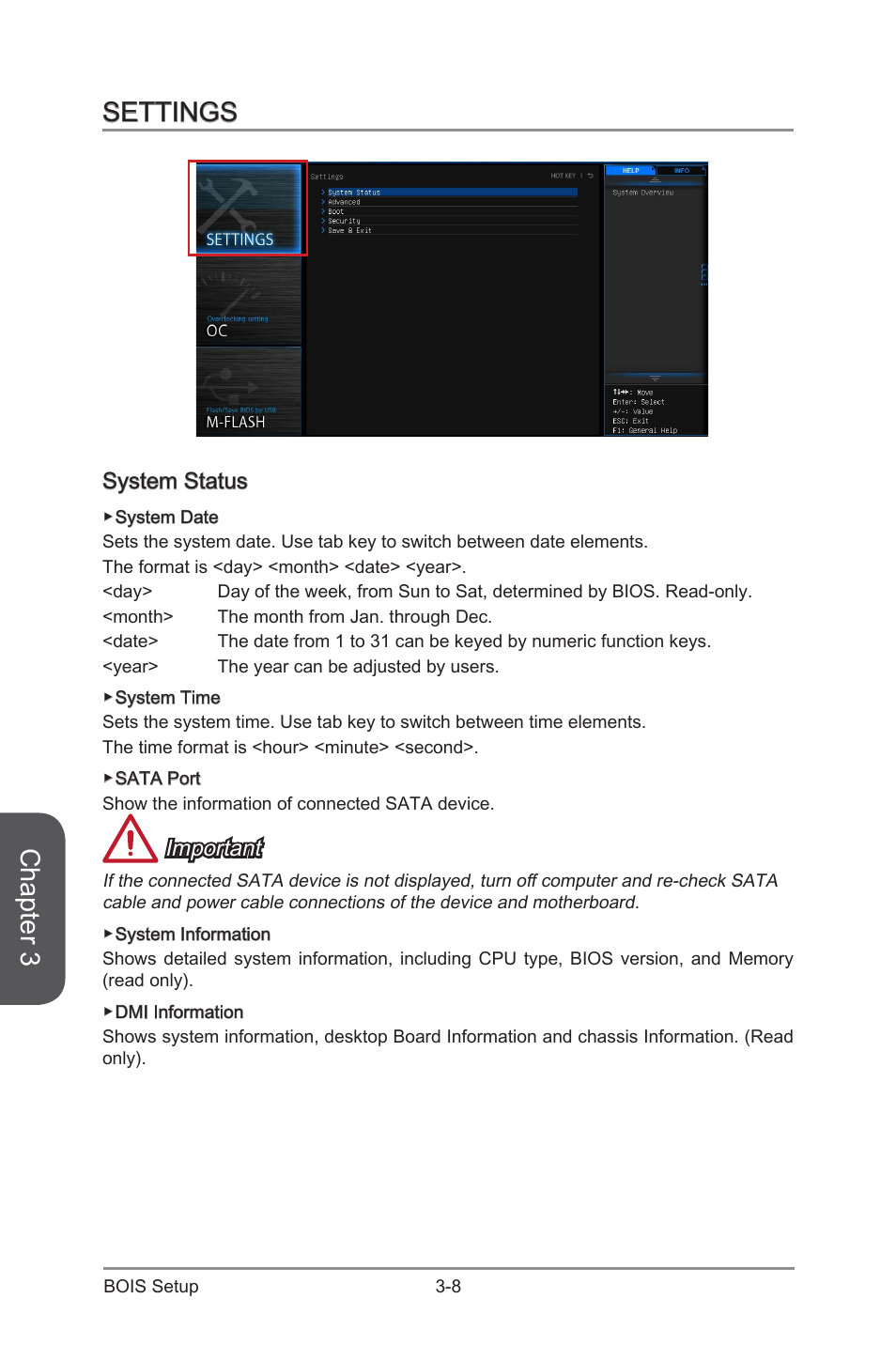 Chapter 3, Settings, System status | Important | MSI H97M-G43 User Manual | Page 66 / 108