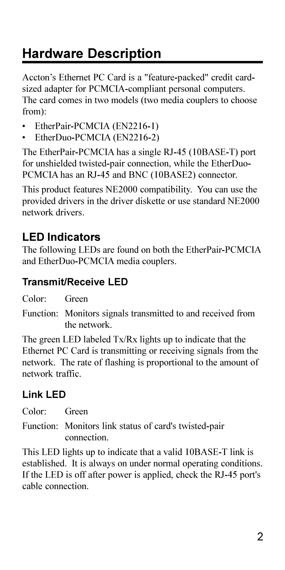 Hardware description, Led indicators | Accton Technology EN2216-1 User Manual | Page 2 / 9