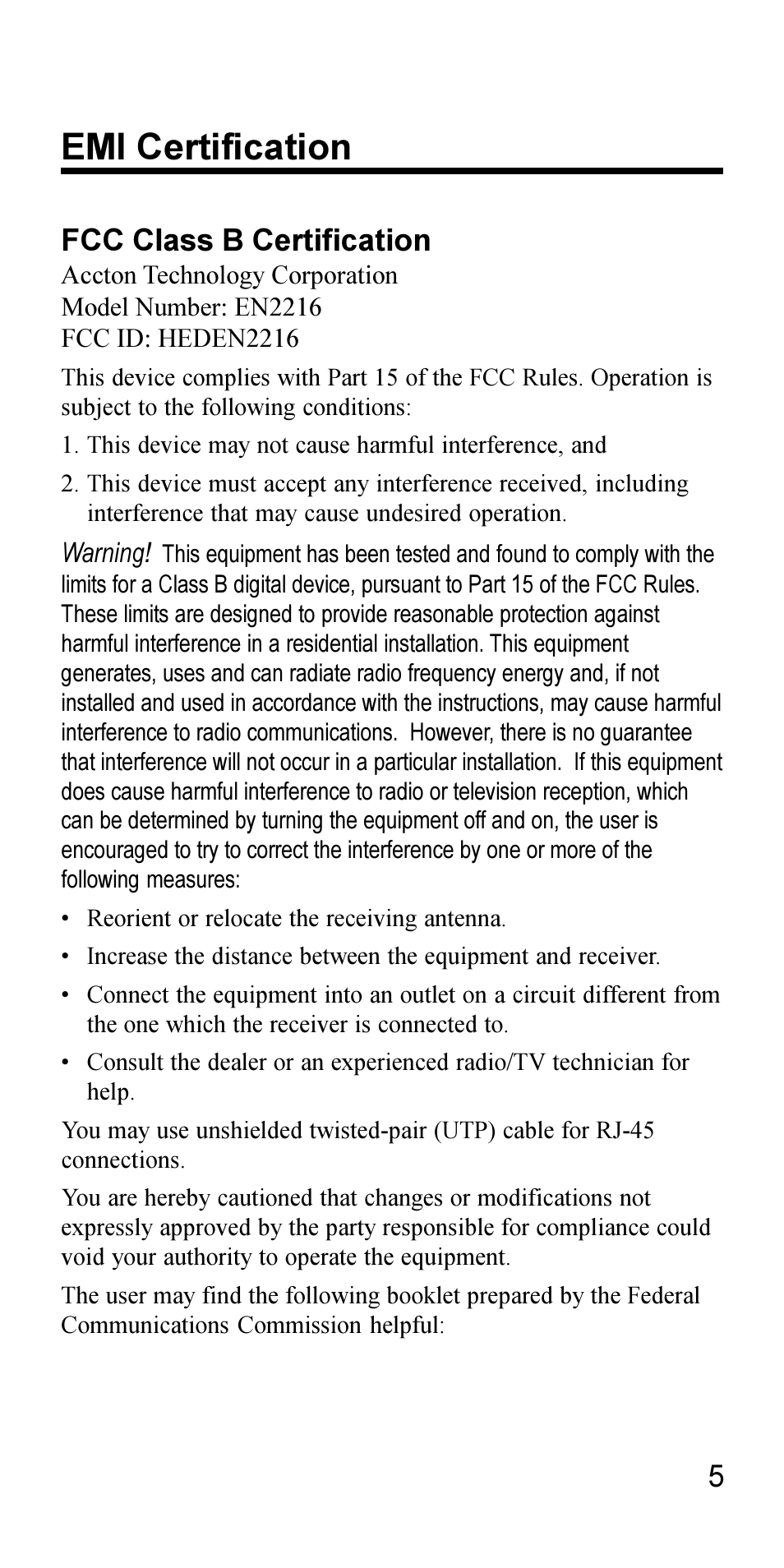 Emi certification, Fcc class b certification | Accton Technology EN2216-1 User Manual | Page 5 / 9