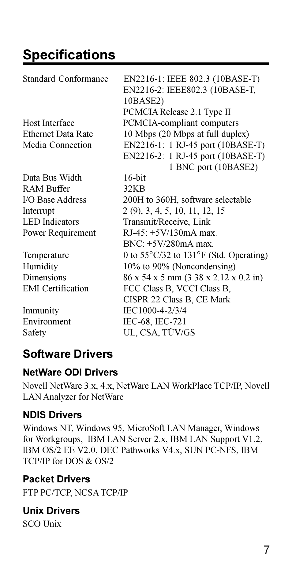 Specifications, Software drivers | Accton Technology EN2216-1 User Manual | Page 7 / 9