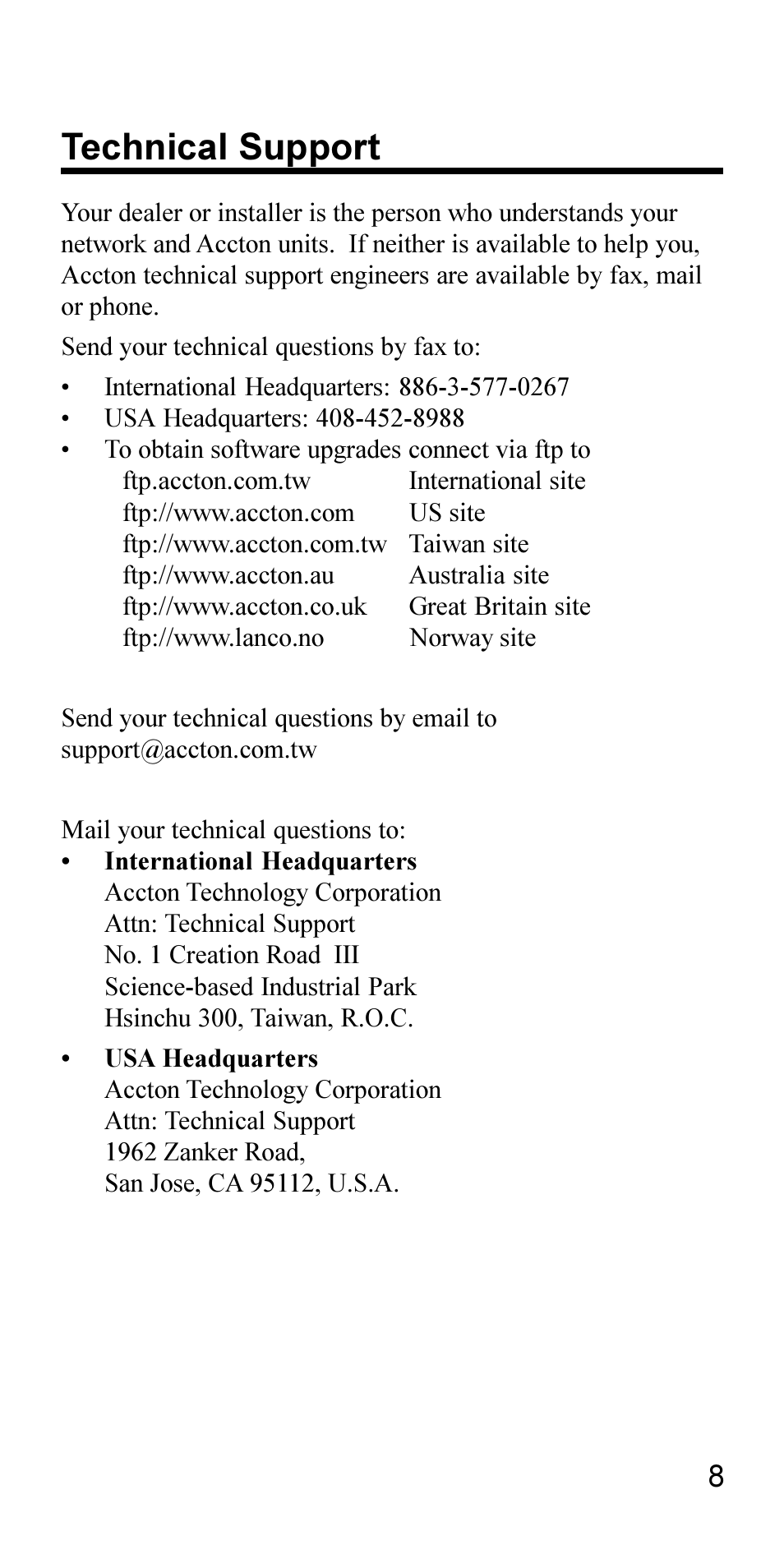 Technical support | Accton Technology EN2216-1 User Manual | Page 8 / 9